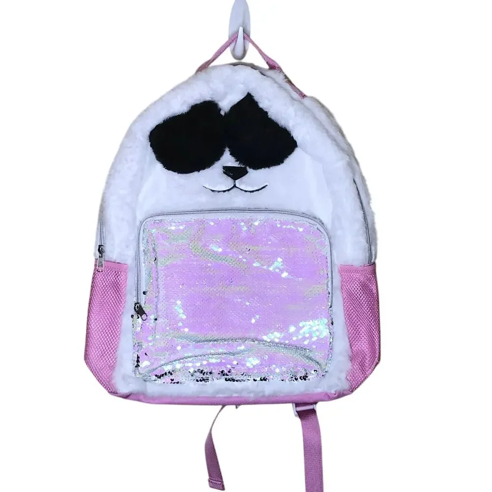 Sequin Bear Fuzzy Pink Backpack, New!